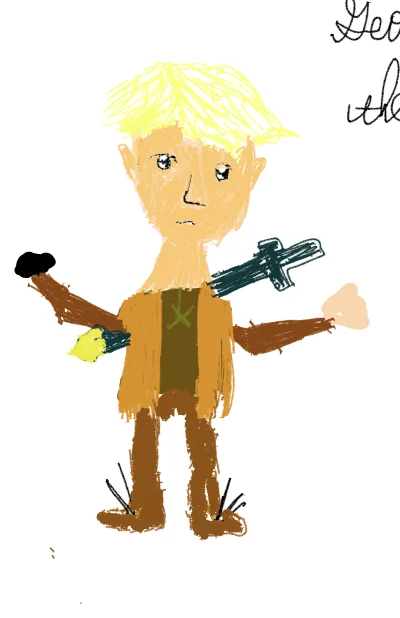 The original drawing of George: shaggy blond hair, an ochre tunic and a green sword